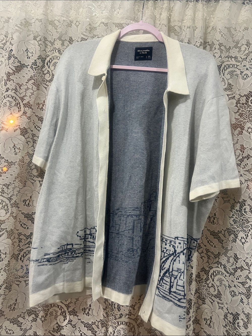 Abercrombie & Fitch Light Gray and Navy Short-Sleeve Open Cardigan